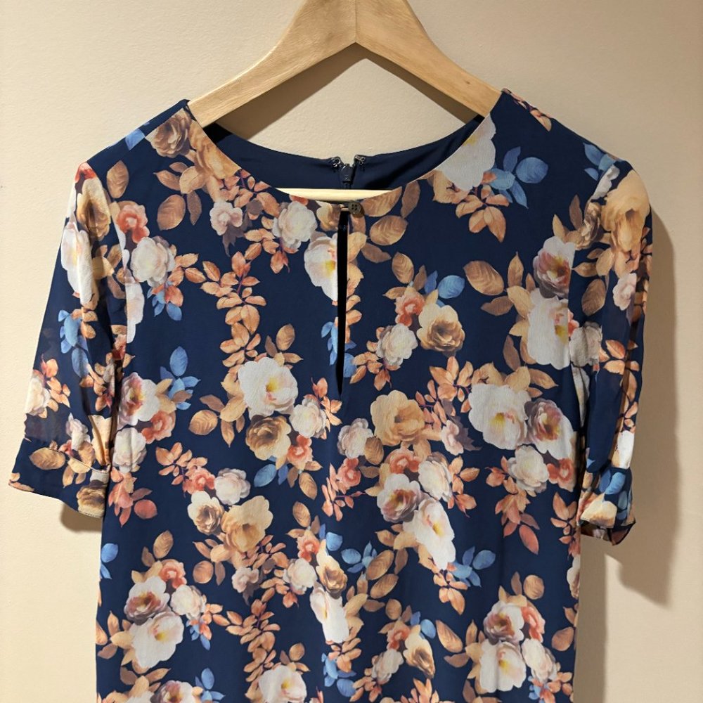 J. Crew Floral Silk Short Sleeve Shift Dress - 12 Tall, Blue White Pink - Picture 6 of 9